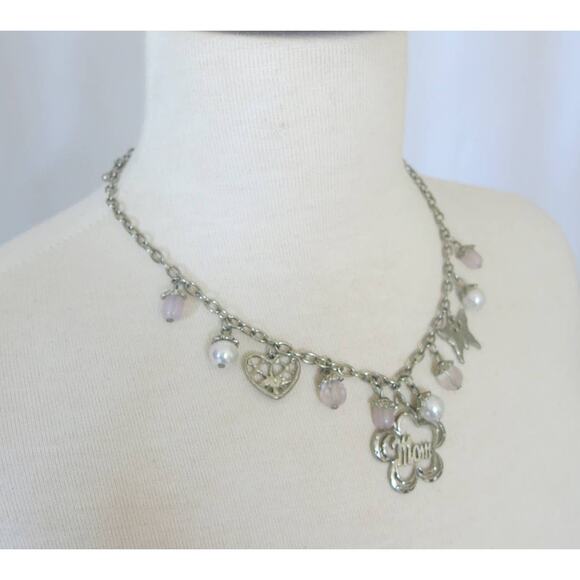 MOM Charm Necklace/Pierced Earring Set Silver Tone Mothers Day Heart "Pearls" - Picture 10 of 14